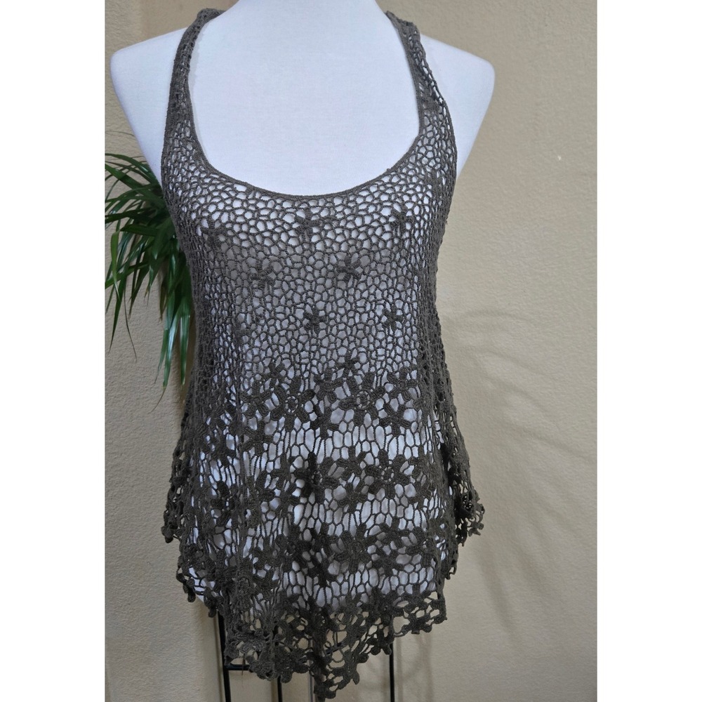 Haute Monde Lace Crochet Tank Top Women Medium Olive Boho Festival Sheer Overlay